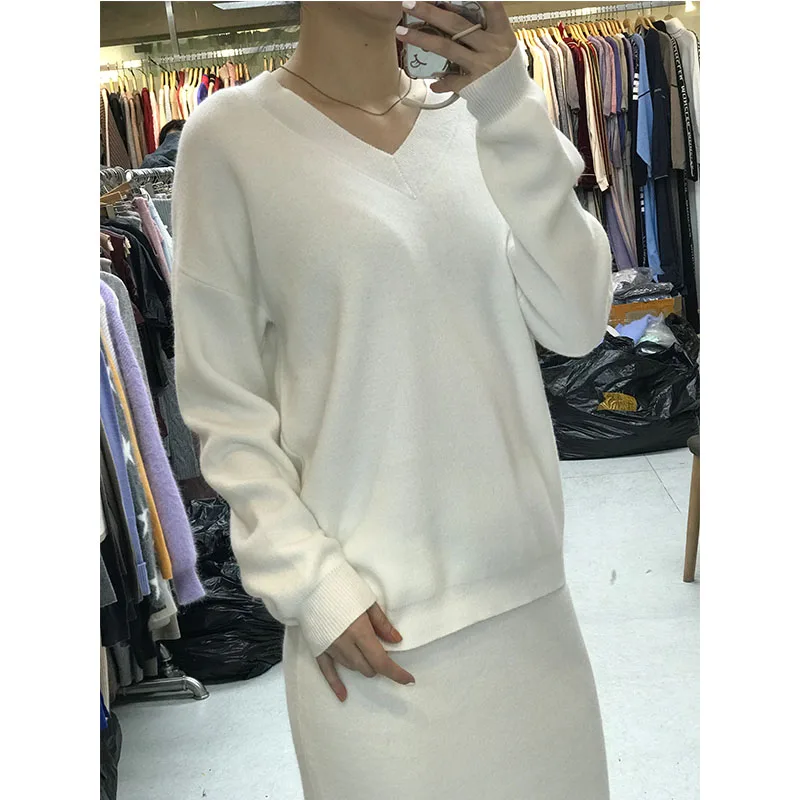 Mink Cashmere V Neck Wool Sweater + Hip Package Skirt Leisure 2 Pieces Dress Suit High Quality