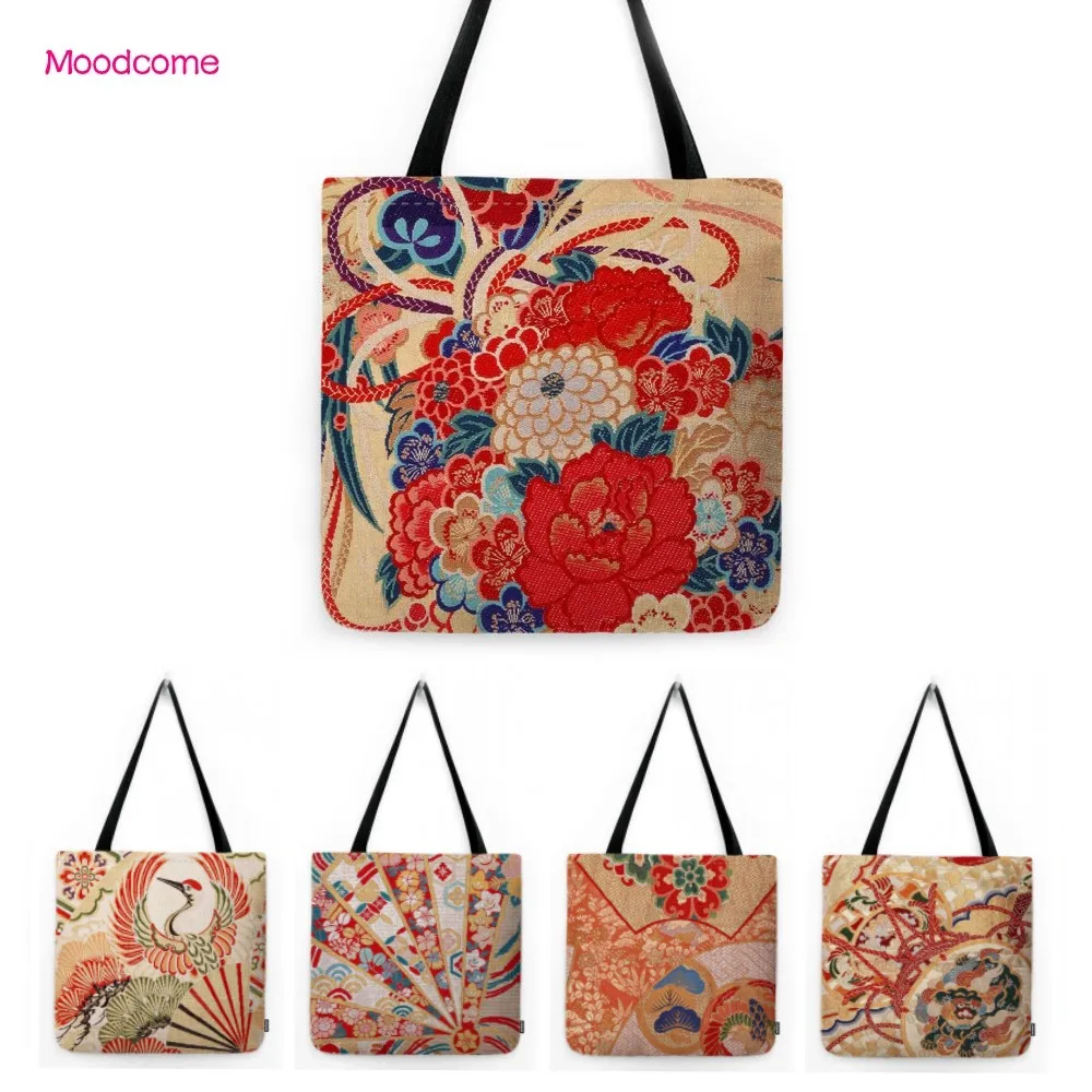 Bolso de hombro resistente al agua con patrón de flores de arte japonés tradicional, diseño geométrico alegre rojo, bolso de mano de lino para compras de comestibles