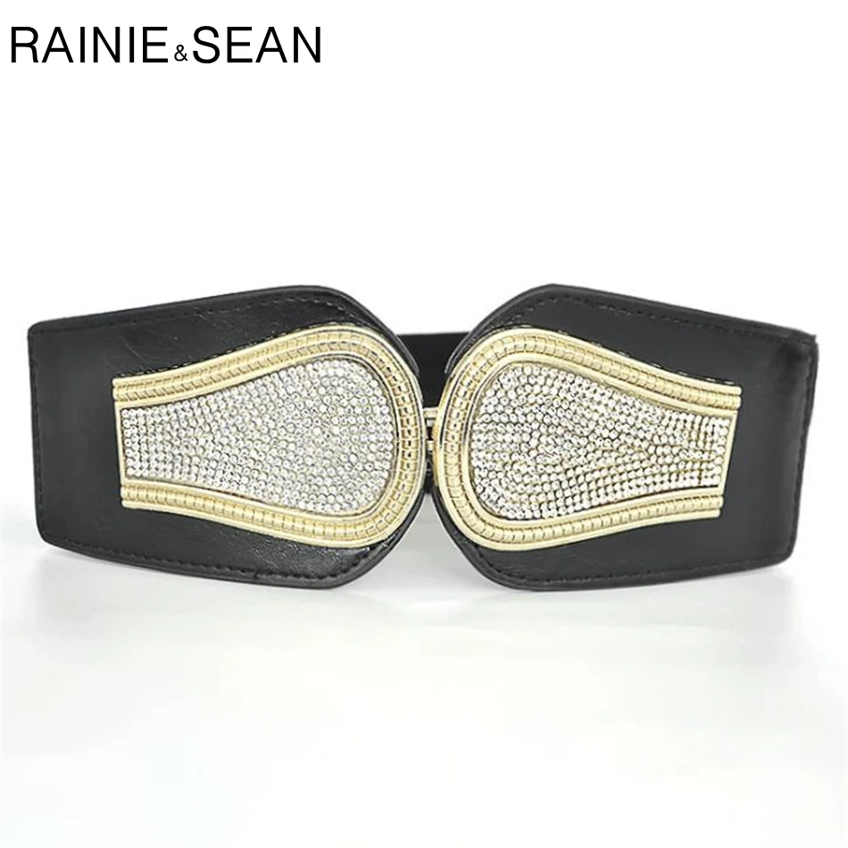 RAINIE SEAN Belts For Women Wide Rhinestone Belt Cummerbund Black Elastic Corset Wedding Fashion Female Belt For Dress