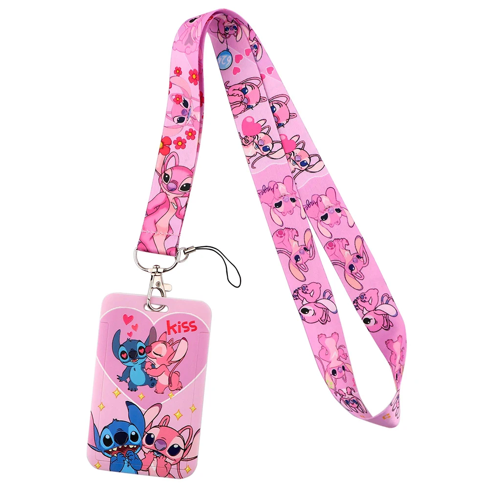 Yq776 Stitch En Roze Angel Lanyard Reizen Id Kaart Cover Badge Houder Cartoon Sleutelhanger Nekband Telefoon Koord Lariat