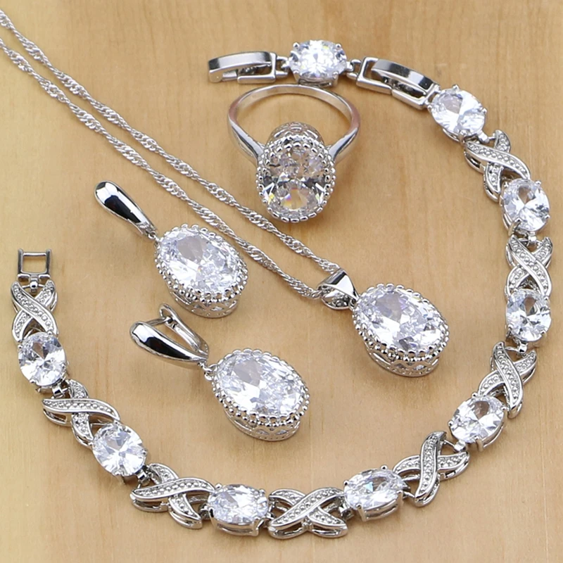 

Natural 925 Sterling Silver Jewelry White CZ Jewelry Sets For Women Earrings Pendant Necklace Rings Bracelet Free Gifts Box