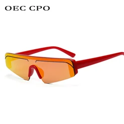 OEC CPO One Piece Mirror Sunglasses for Women Fashion Flat Top Sun Glasses Men Shades Retro Red Mirrored Eyeglass Oculos De Sol