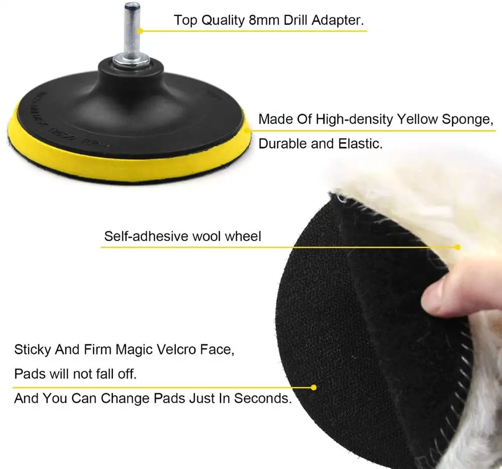Poliwell 5 Inch 125Mm Vilt Wheel Polish Pad Wollen Waxen Pad En Klittenband Backing Plaat Kit Voor auto Polijsten En Waxen