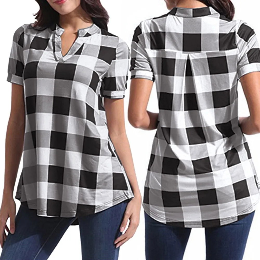 Plus Size Summer Plaid Blouse Women Casual Short Sleeve Cotton V-Neck Top Shirt Female Blouses Tunic Clothing