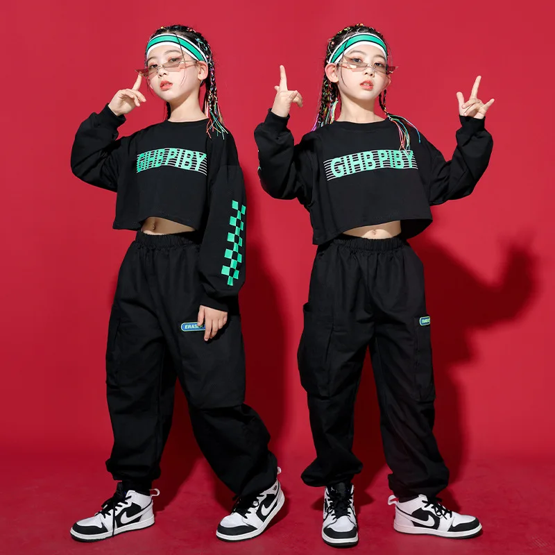 

Kid Kpop Hip Hop Clothing Sweatshirt Crop Top Long Sleeve Shirt Streetwear Jogger Cargo Pants for Girls Dance Costume Clothes
