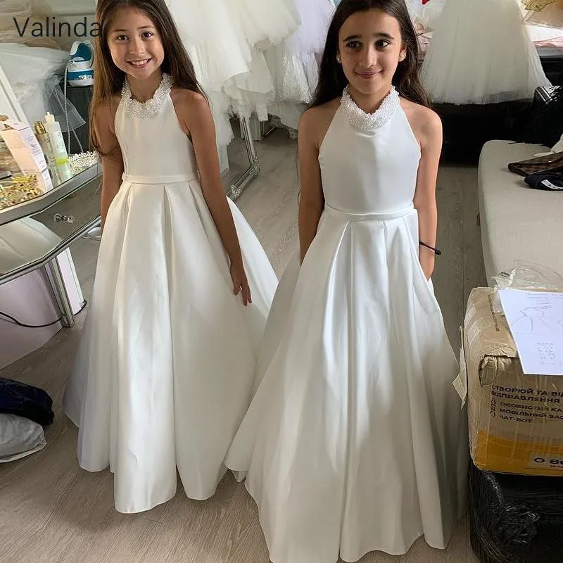 

Halter Ivory Satin Flower Girl Dresses for Wedding Junior Bridesmaids Formal Pageant Gowns