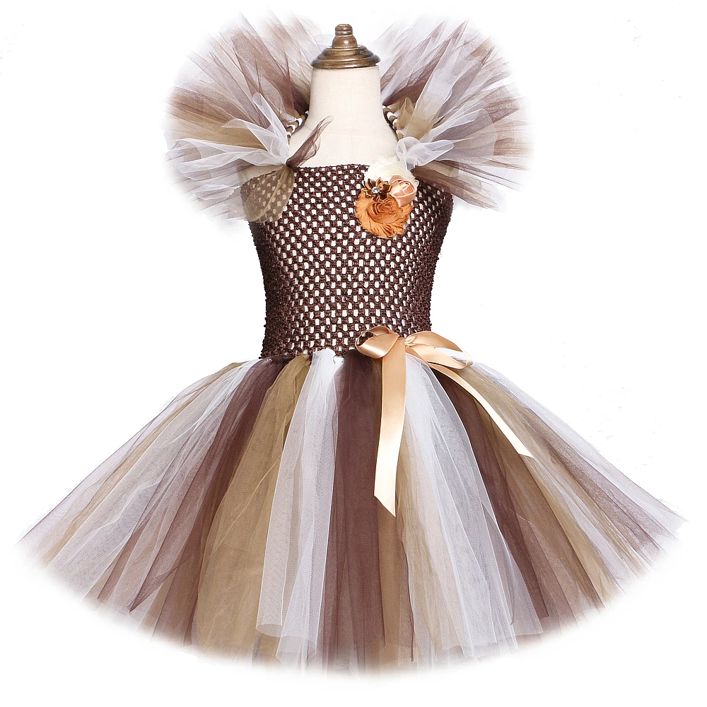 Wild Lion Mane Tutu Dress Brown Flowers Kids Girls Birthday Party Dress bambini Halloween Cosplay Animal Dress Costumes 1-12Y