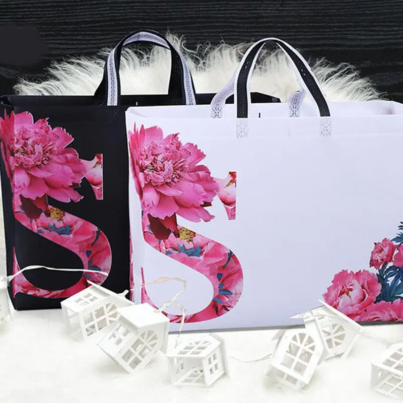 New Flowers Foldable Shopping Bag Reusable Non-Woven Eco Tote Bag Black Unisex Large Fabric Shopper Bags Grocery Bags Pouch