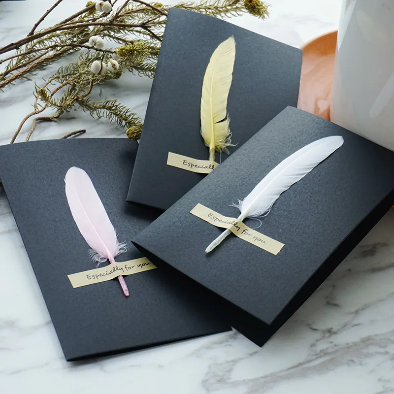 1pc Black High-grade Stereoscopic card envelope True feathers greeting card invitation  holding thanks you cards kawaii