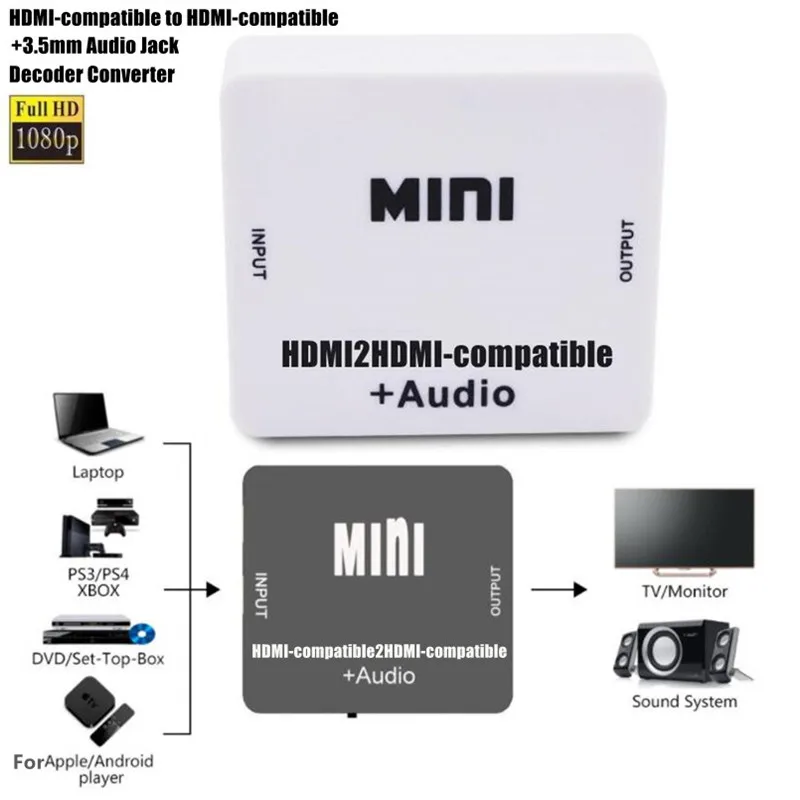 1080P HD MINI HDMI kompatybilny z HDMI + AUDIO konwerter wideo Adapter dekodera Usuń HDCP KEY Umowa Separator audio