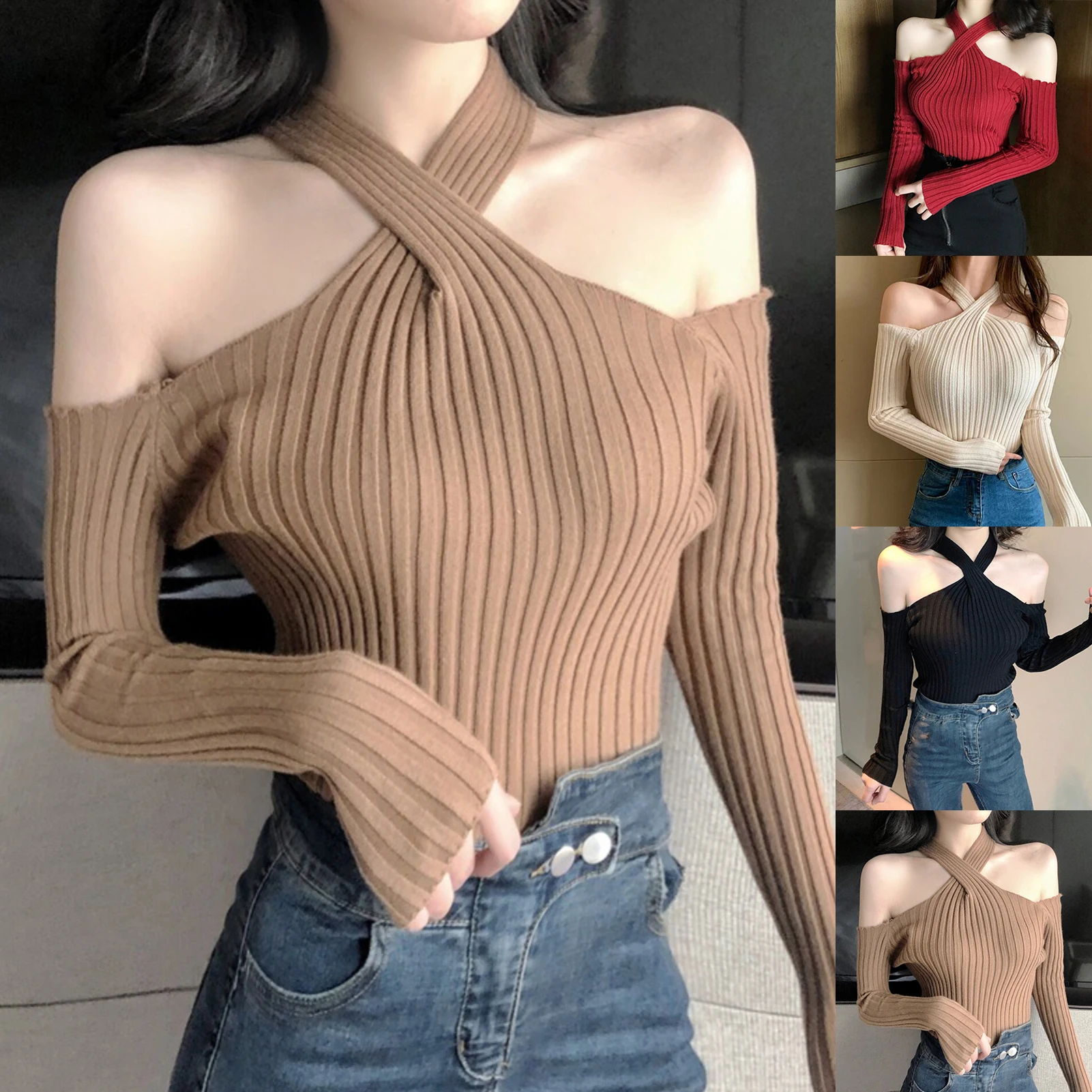 5 Solors Women Sexy Off Shoulder Sweater For Women Halter Fashion Long Sleeve Casual Solid Knit Pullovers Femme Sweater Autumn