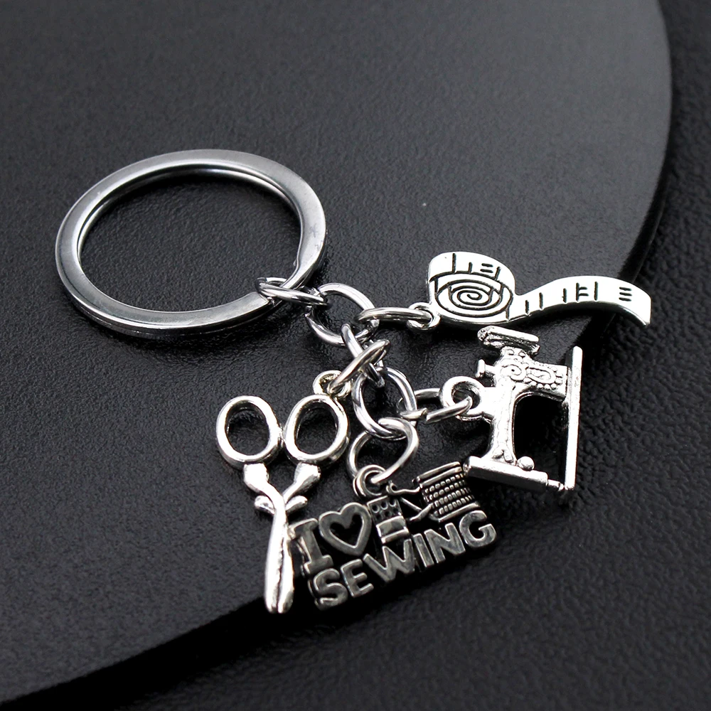 Handmade Sewing Machine Keychain Tailor Key Ring Iron Tape Measure Scissors Dress Metal Key Chain Women's Gift DIY Jewelry