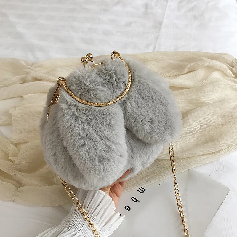 Faux Fur Bag Women Winter Chains Rabbit Shaped Kawaii Girls Princess Trendy Furry Plush Crossbody Bags All-match Casual Soft Ins