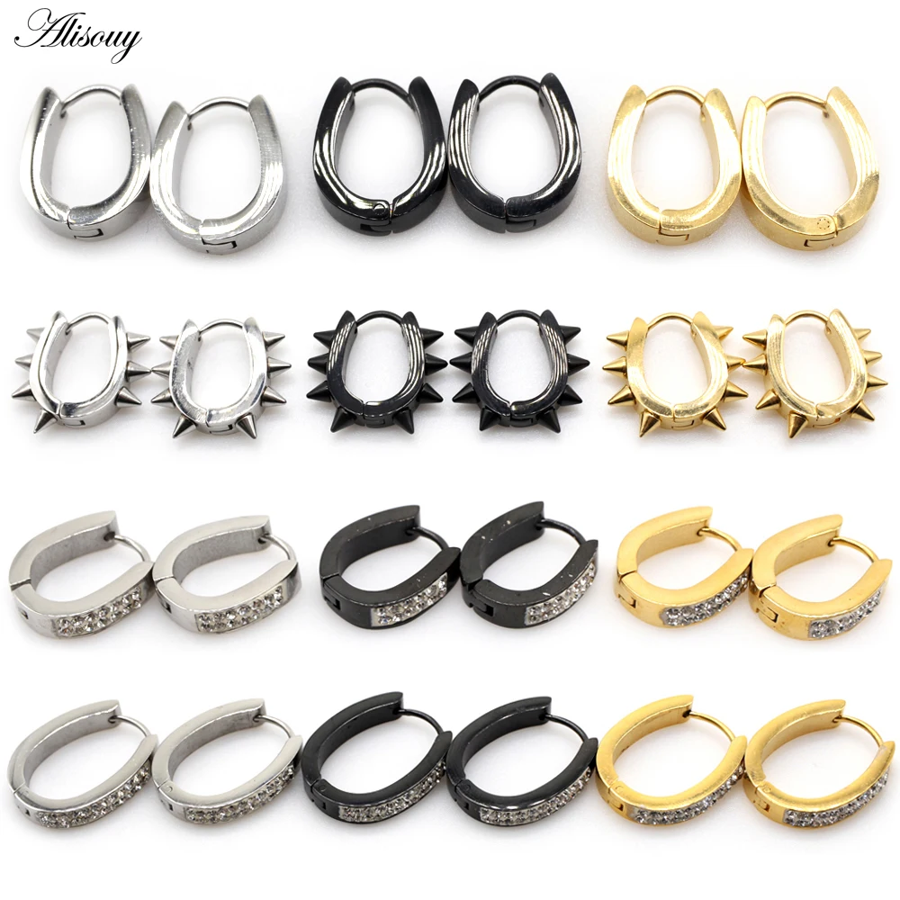 Alisouy 2pcs Crystal U Pattern Oval Rivet Cone Stainless Steel Women Men Huggies Ear Buckle Hoop Earring Unisex Piercing Jewelry