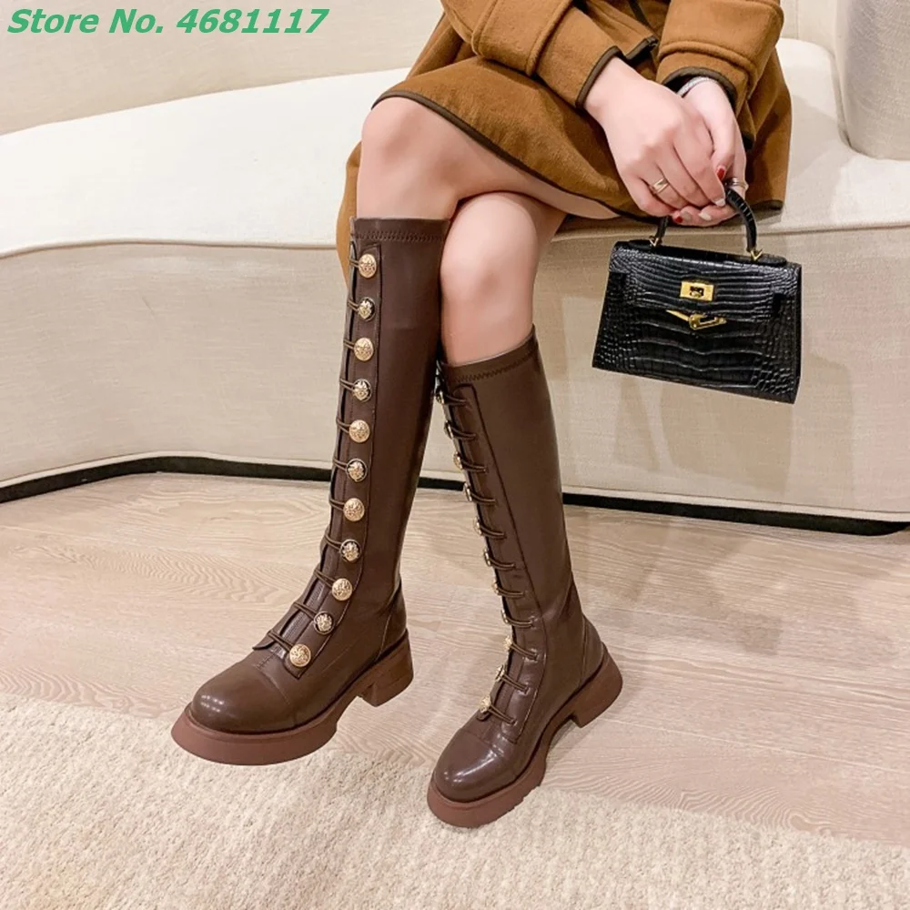 

Trend Metal Button Round Toe Knee High Boots Black Med Block Heels Back Zipper Women's Tall Shoes Outfit Street Style Casual