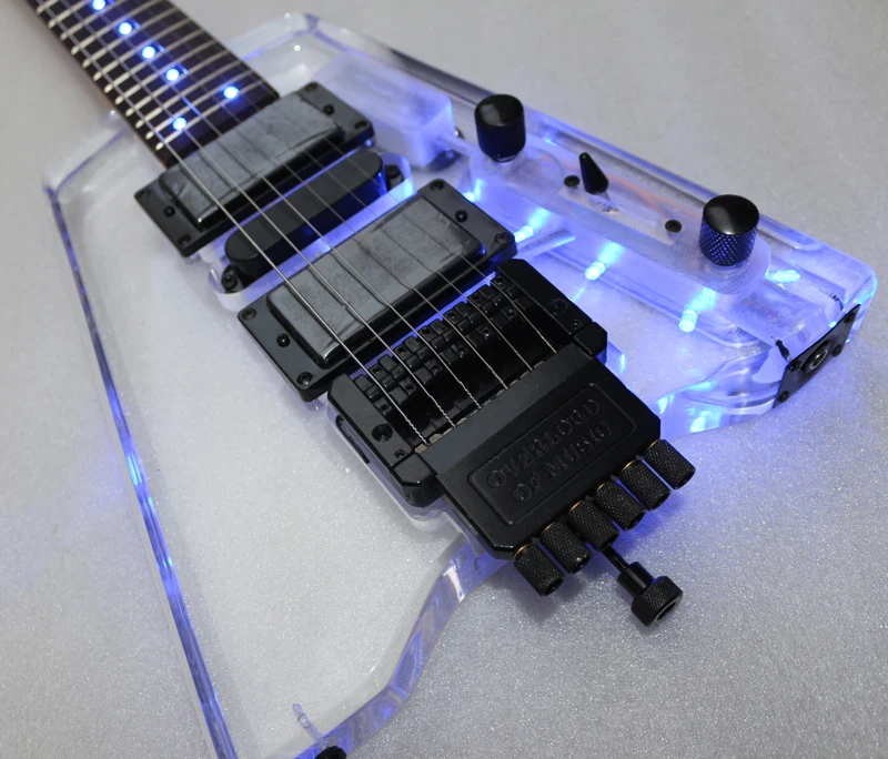 good quality headless portable travel acrylic mini electric guitar with blue light