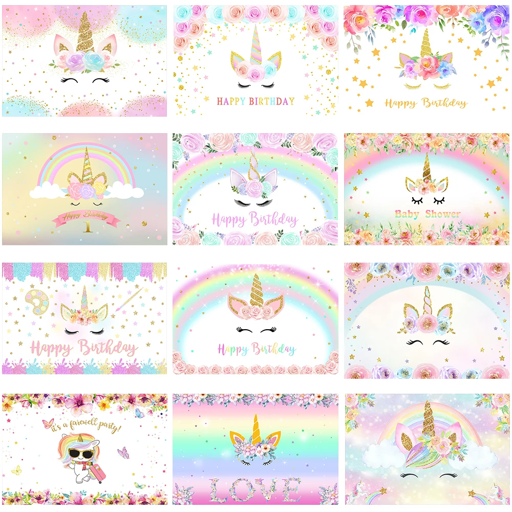 

Unicorn Backdrop Photography Newborn Baby Shower Birthday Party Photo Background Decoration Rainbow Flower Love Studio Backdrops