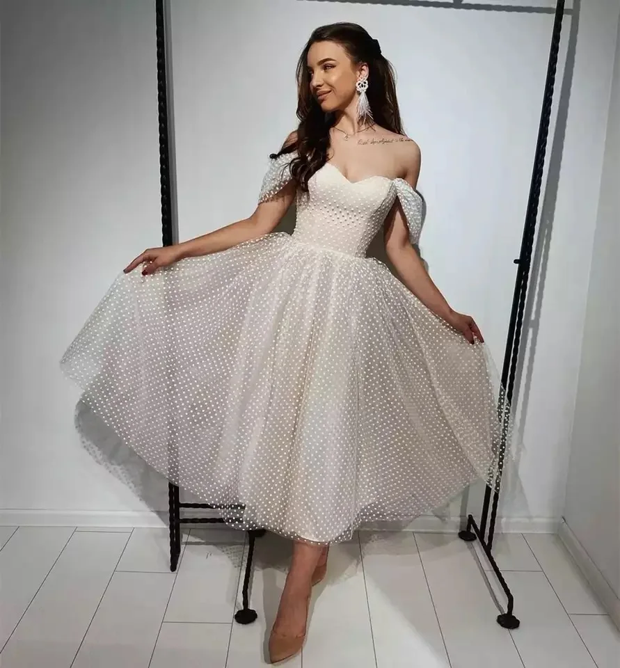 Short Wedding Dress 2021 Off Shoulder Ankle Length Point Net Bridal Gown Gorgeous For Women Brides Tulle Robe  Graceful