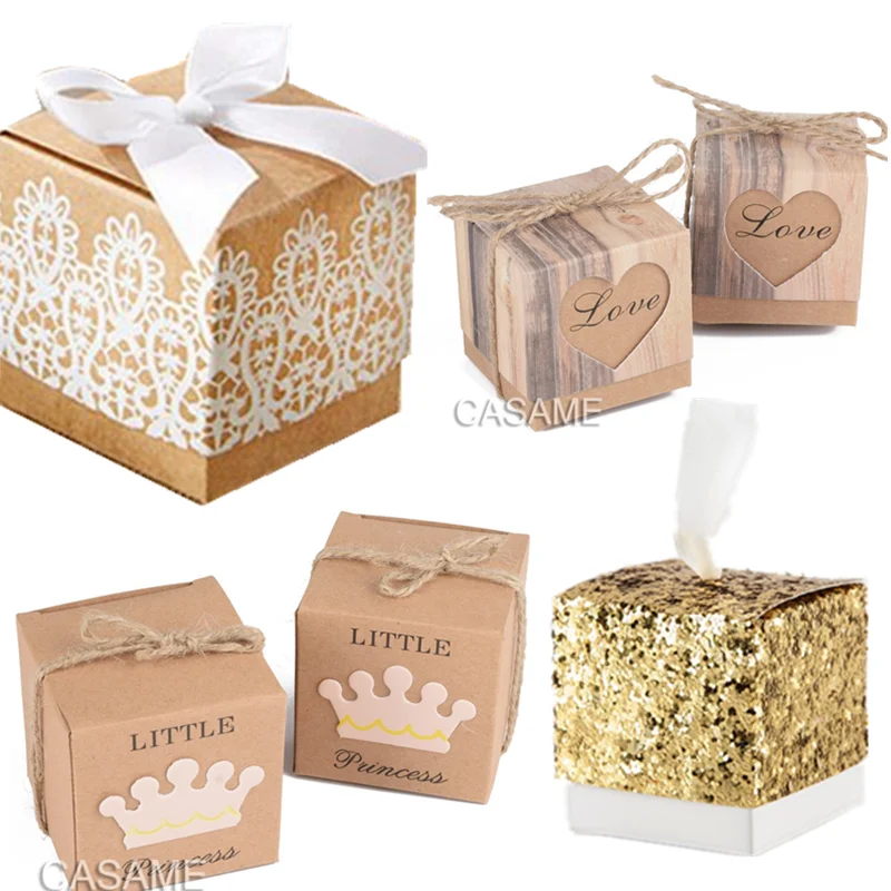 Heart Crown sweet lovely Decoration Candy box paper boxes Gift box Rustic & Lace Kraft Favor Box With Ribbon Wedding gold silver