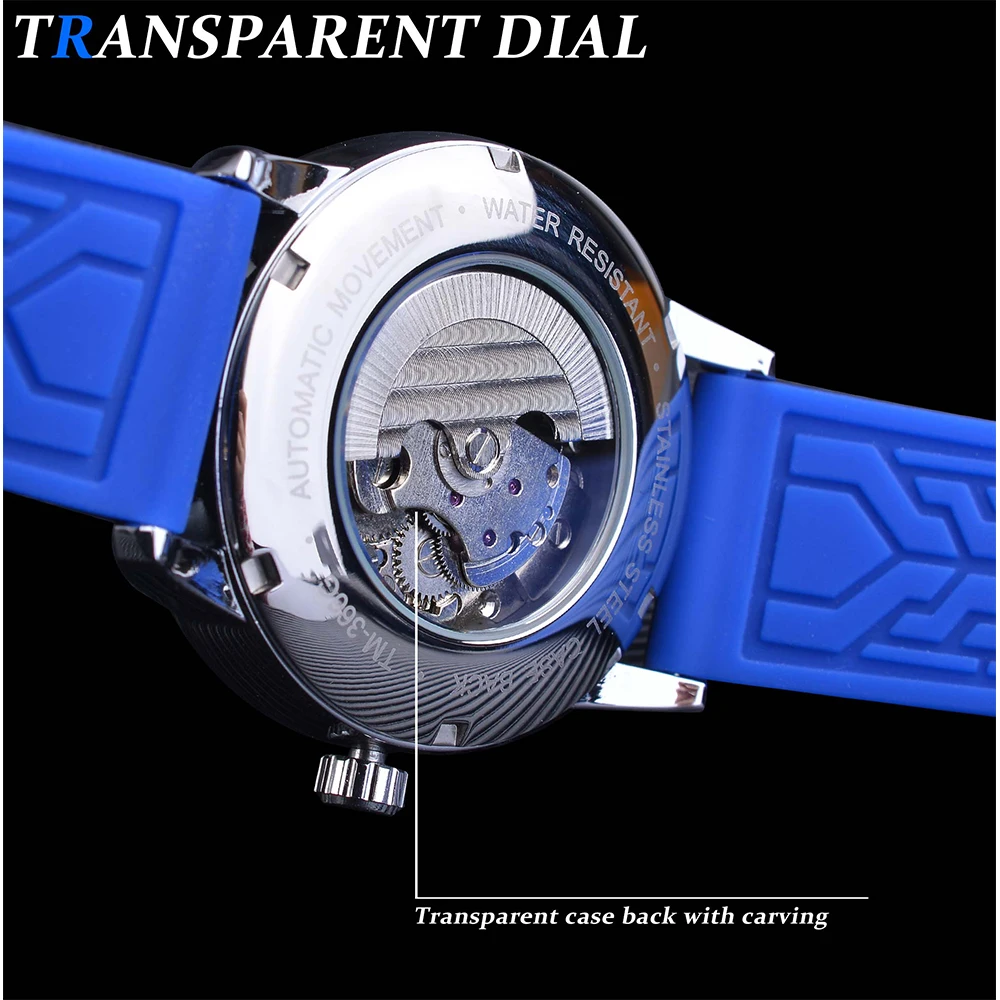 Forsining Fashion White Blue Automatic Wristwatch Transparent Waterproof Men Mechanical Watch Silicone Band Casual Sport Clock