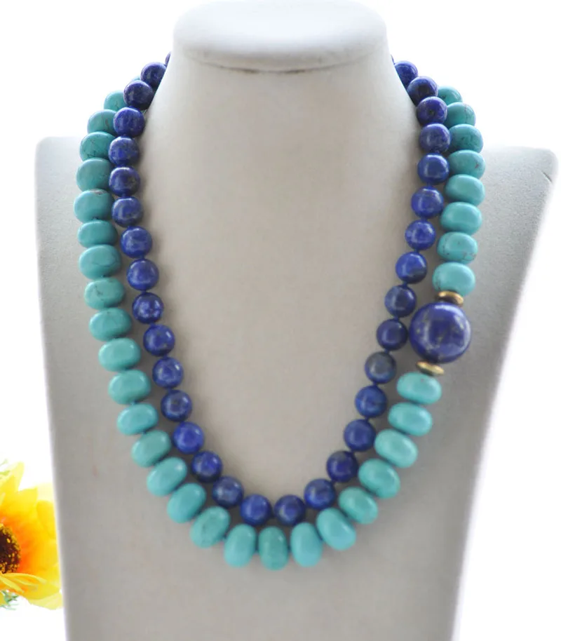 S2456 2Row 20mm Round Blue lapis-lazuli & Oblate Turquoise Necklace