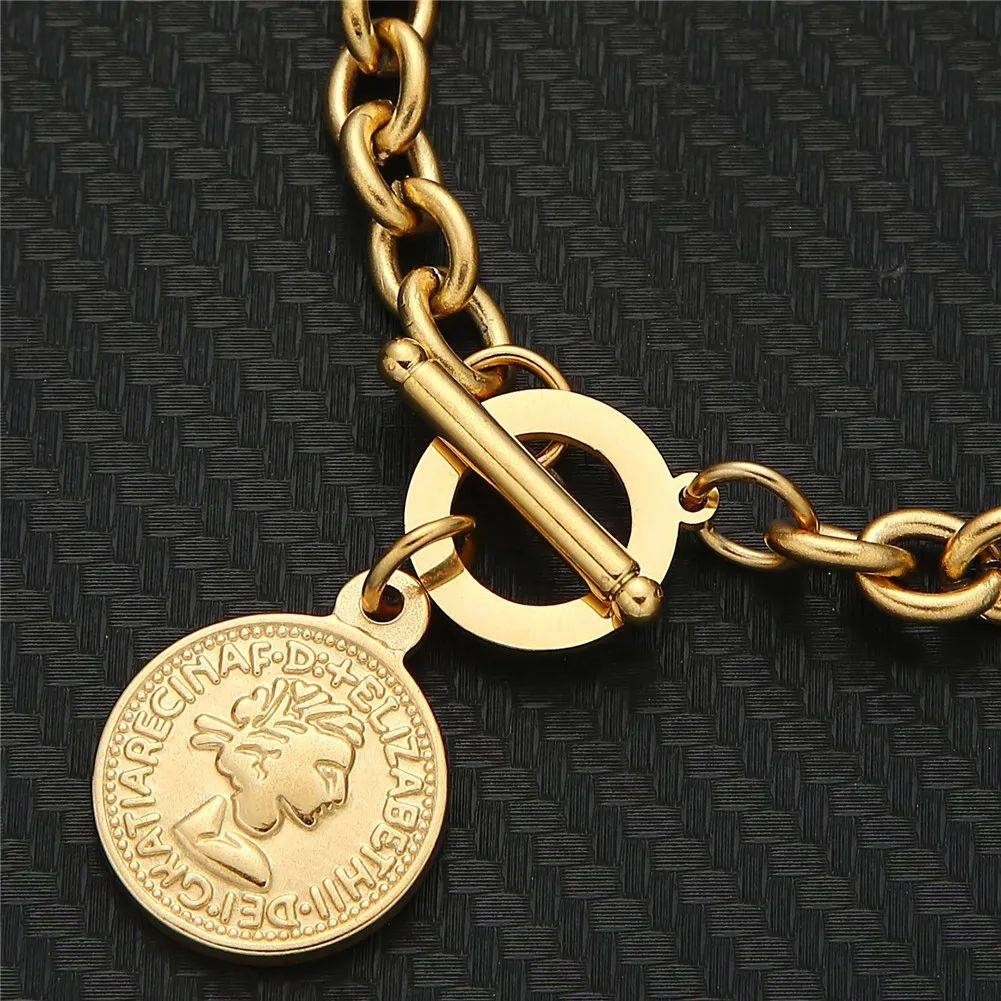 Vintage Stainless Steel Beauty Head Coin Charms Bracelets for Women OT Buckle Toggle Bracelet Hip Hop Jewelry Gifts