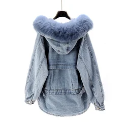 Quality High Women Winter Fur Lining Warm Loose FIt Denim Jacket Fox Fur Collar Hoody Jacket Casual Overcoat Cowboy Jeans Coats