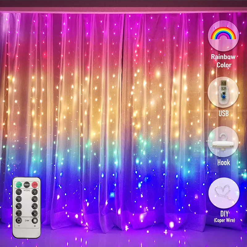 LED Rainbow Curtain Fairy Icicle Lights String Lights for Bedroom Backdrop Wall Christmas Wedding Birthday Xmas Party Home Decor