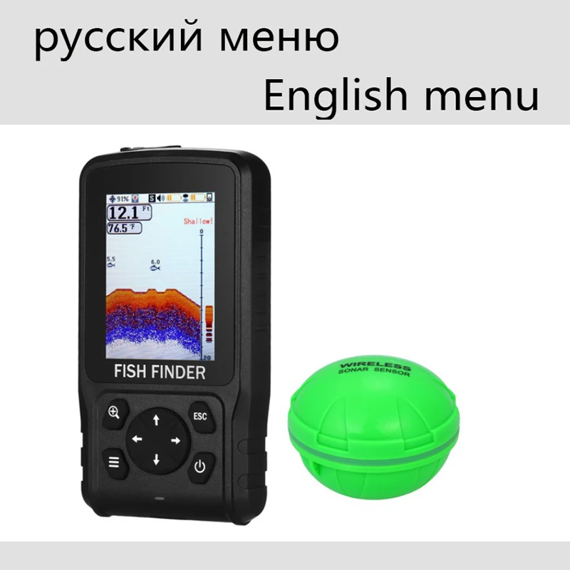 

English/Russian 200meters Colorful Wireless Fish Finder Dot Matrix Sonar Sensor Transducer Depth Echo Sounder Recharged Battery