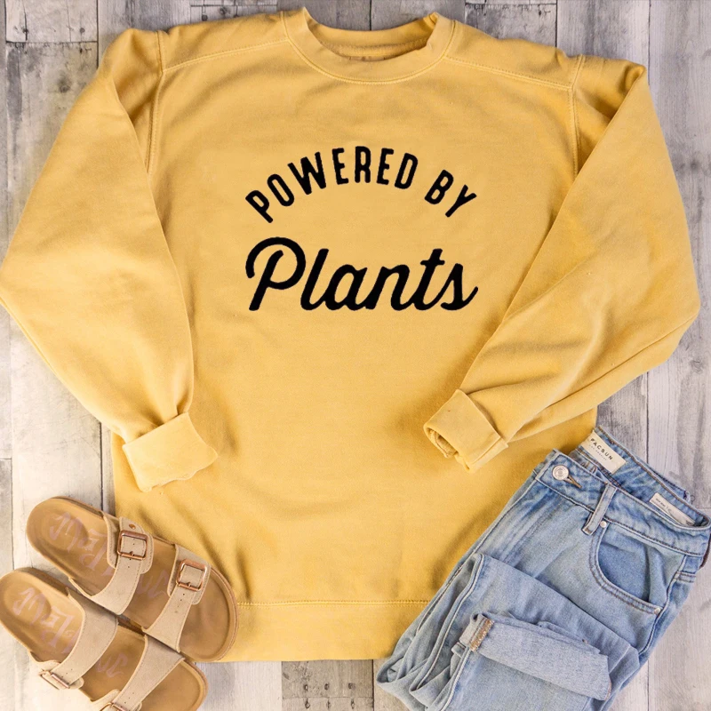 Harajuku Sweatshirt Women Funny Clothing Vintage Top Powered By Plants Sweatshirt Slogan Grunge Tumblr Pullovers