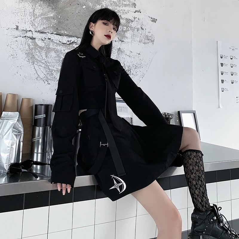 Women Black Skirt Suits Gothic Style Sets Female Long Sleeve Tops and Pleated Skirt Two Piece Set Spring Autumn 2024 Streetwear