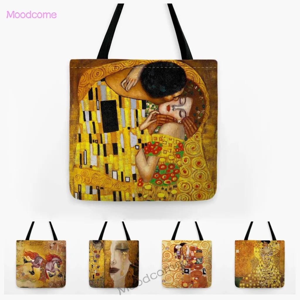 World Famous Gustav Klimt Oil Painting Kiss Gold Tear Cotton Linen Water Resistant Canvas Shopping Bag Large Tote Bag Handbag