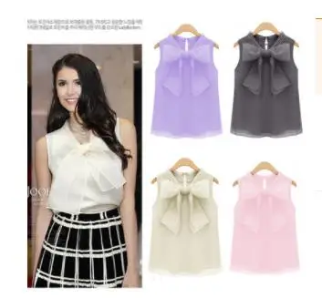 Women organza chiffon shirt spring and summer sleeveless chiffon bow blouse shirt