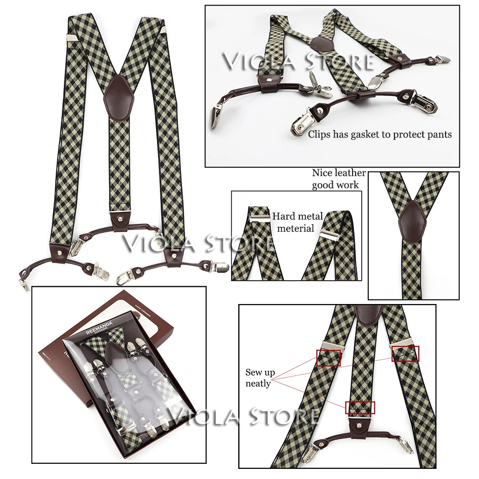 6 Clips 3.5cm Width Wide Men Suspender 7cm Velvet Neckie Hankie Sets Solid Brace Navy Red Luxury Strap Male Gift Accessory Top