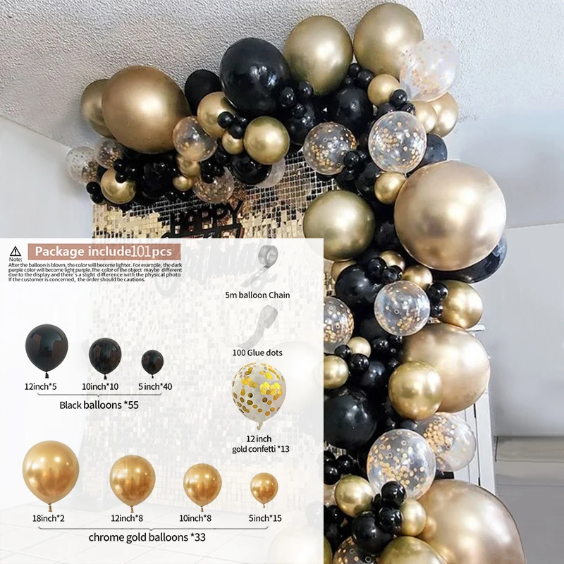 101pcs Chrome Gold Black Balloons Arch Garland Kit Gold Sequins Balloons for Baby Shower Wedding Graduation Birthday Party Decor