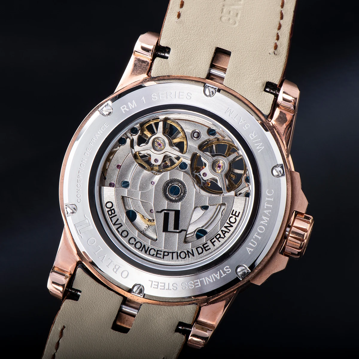 OBLVLO Men Military Skeleton Automatic Watch Mechanical Soft Calfskin Strap Sapphire Waterproof Double Flywheel Dial Clock RM-T
