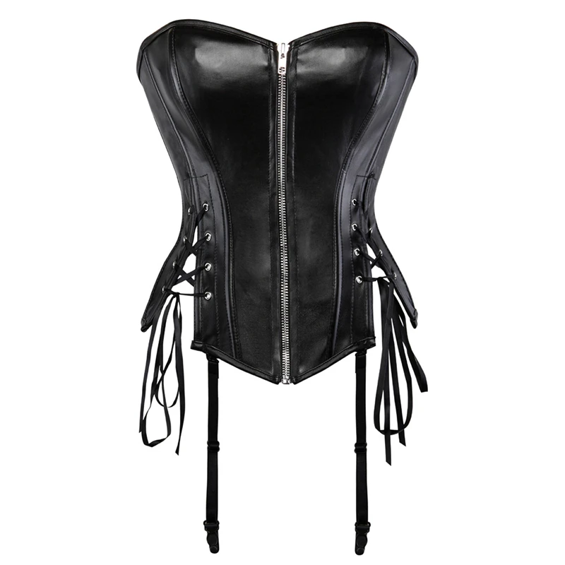 

Steampunk Women Overbust Corset Sexy Black Pu Leather Bustier Top Fashion Front Zipper Lady Body Shaper Slimming Waist Cincher