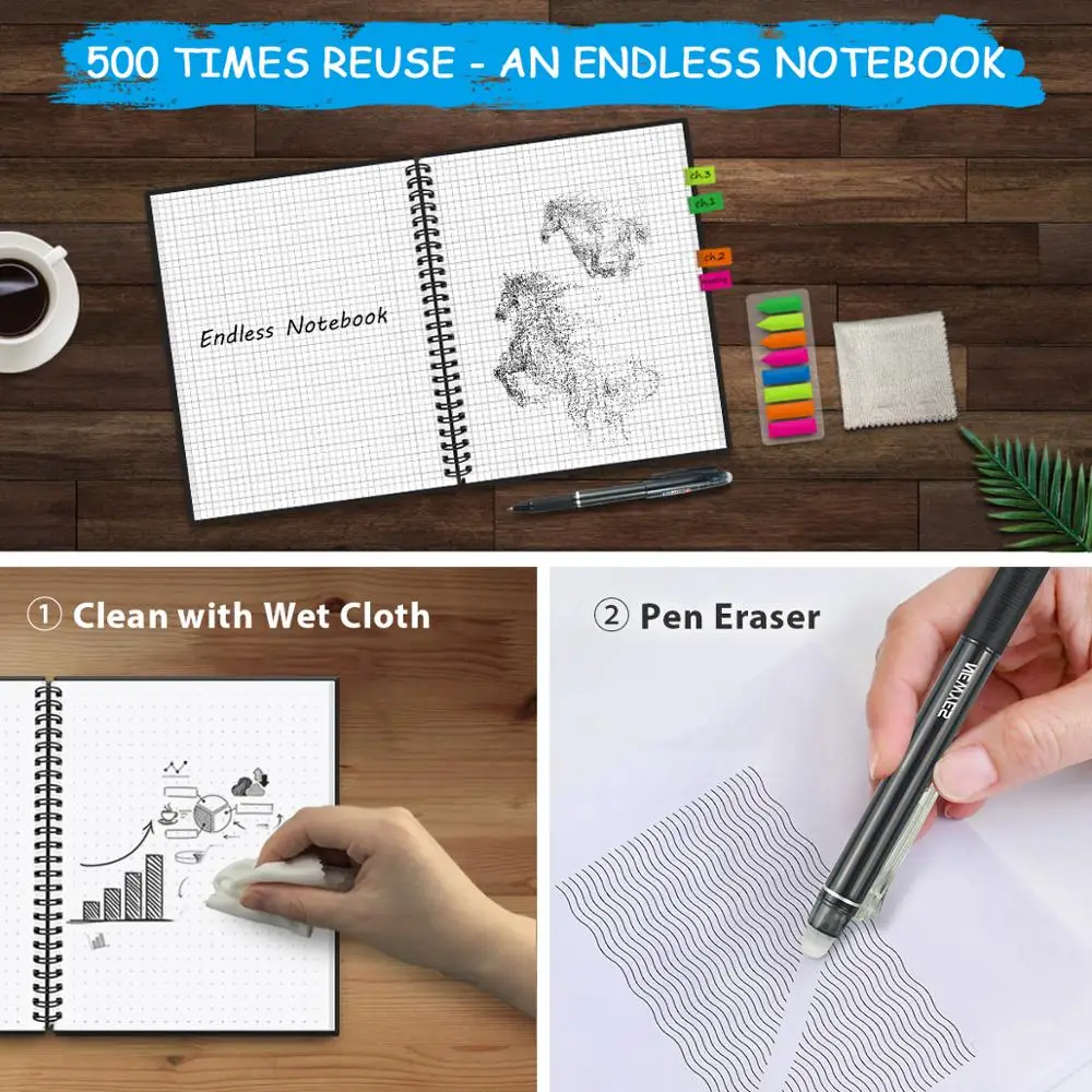 A4 smart reusable erasable notebook Spiral Notebook Paper Notepad Pocketbook Diary Journal Office School Drawing Gift