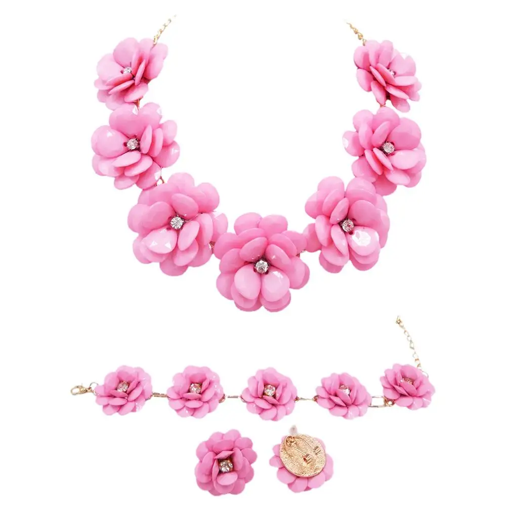 lovely pink flower necklace costume jewelry set african wedding beads nigerian set