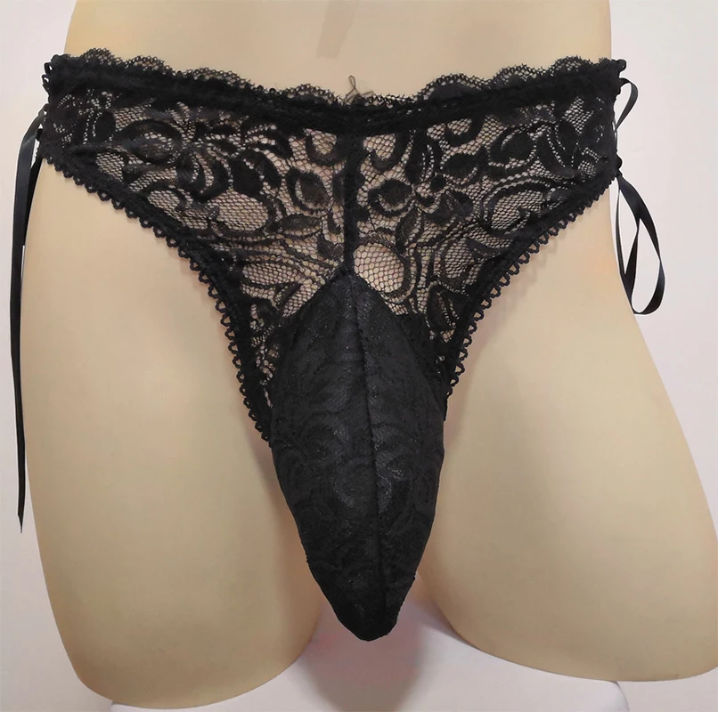 Men\'s lace large pouch g string underwear gay adult sissy thong underpants