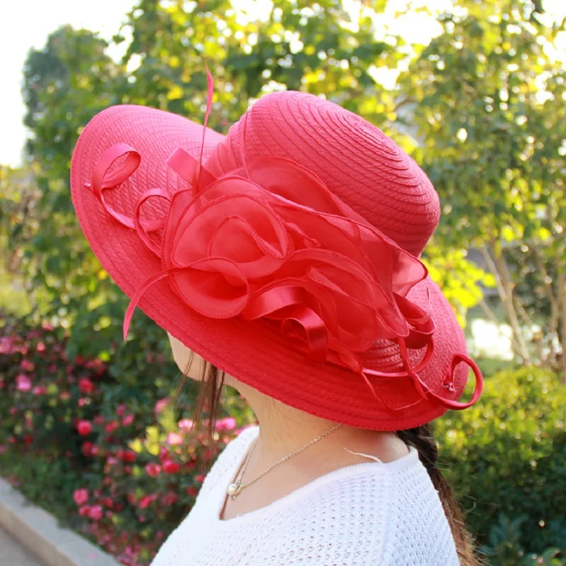 Red Women Charming Hat Wedding Kentucky Derby Hat Ladies Flower Hat Wide Brim Tweed Organza Visor Cap