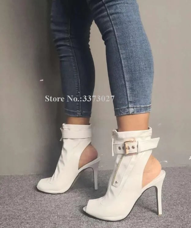 New Peep Toe Black Leather Lady Short Boots Fashion Zipper Decor Slingback Stiletto Heel Women Ankle Boots Dropship Shoes