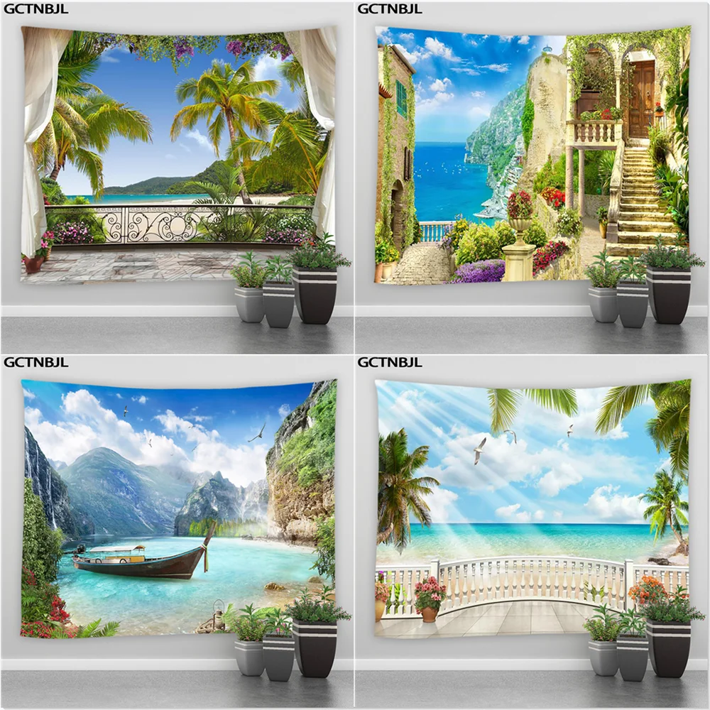 

Mediterranean Scenery Tapestry Wall Hanging Europe Balcony Vacation Nature Landscape Sea Mountain Beach Dorm Decor Wall Tapestry