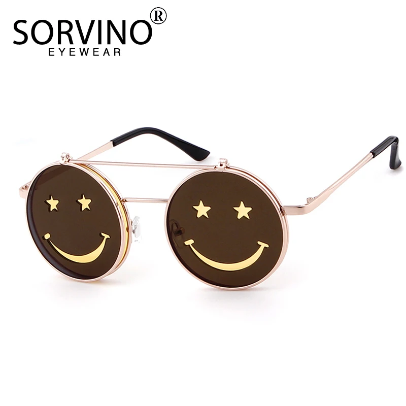 SORVINO Retro Flip Up Round Steampunk Sunglasses 2020 Brand Men Women Designer Small Circle Sun Glasses Red Yellow Shades SP64