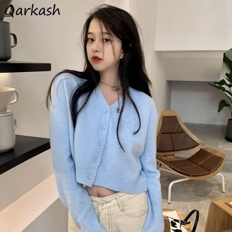 Cardigan Women Sweater Blue Sweet Simple Solid Color Long Sleeve Warm Spring Autumn Single Breasted V-neck Girls All-match Crop