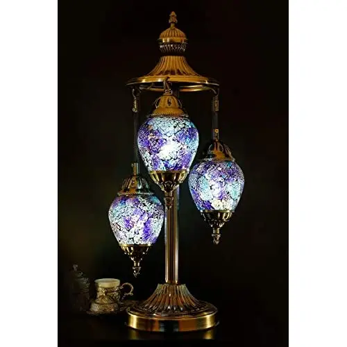 LaModaHome 3 Globe English Table Lamp Tiffany Style Mosaic Glass Moroccan Lantern Bedside Light for Living Room Bedroom (2)