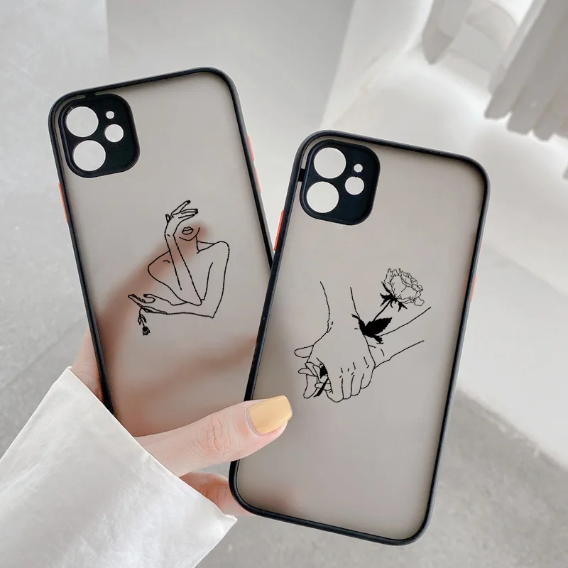 Funny Hand Painted Girl and Flower Line Art Phone Case For iPhone 15 14 12 13 11 Pro Max 7 8 Plus XR XS X Hard shockproof Case