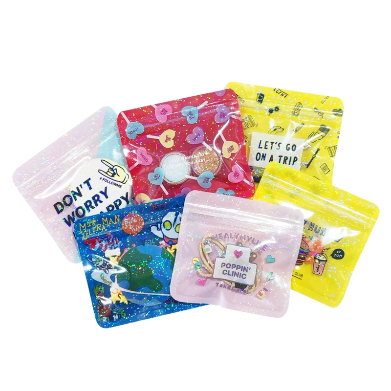 Cute Cartoon Pattern Reusable Hologram Ziplock Plastic Packaging Bags Food Tea Candy Snack Pouches