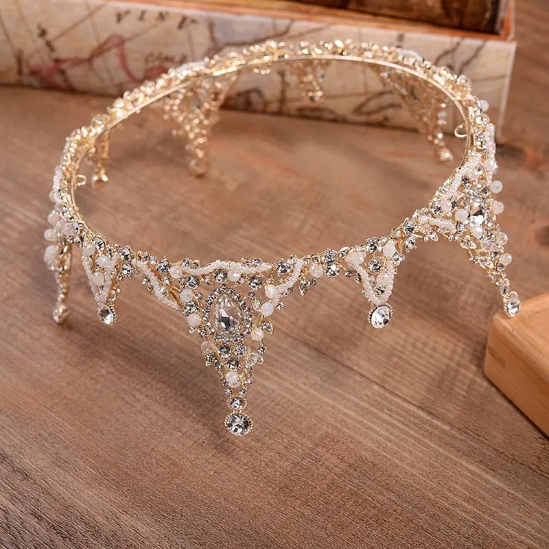 Baroque Bridal Crown Crystal Beads Full Round Tiara For Women Queen Diadem Wedding Hair Ornaments Jewelry Hair Accessories Ml
