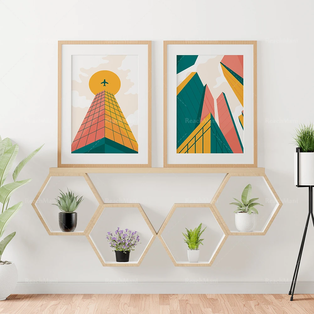 70s 80s 90s retro architectural color prints, sweet and soft rainbow colorful mid-century buildings built in the 1960s poster